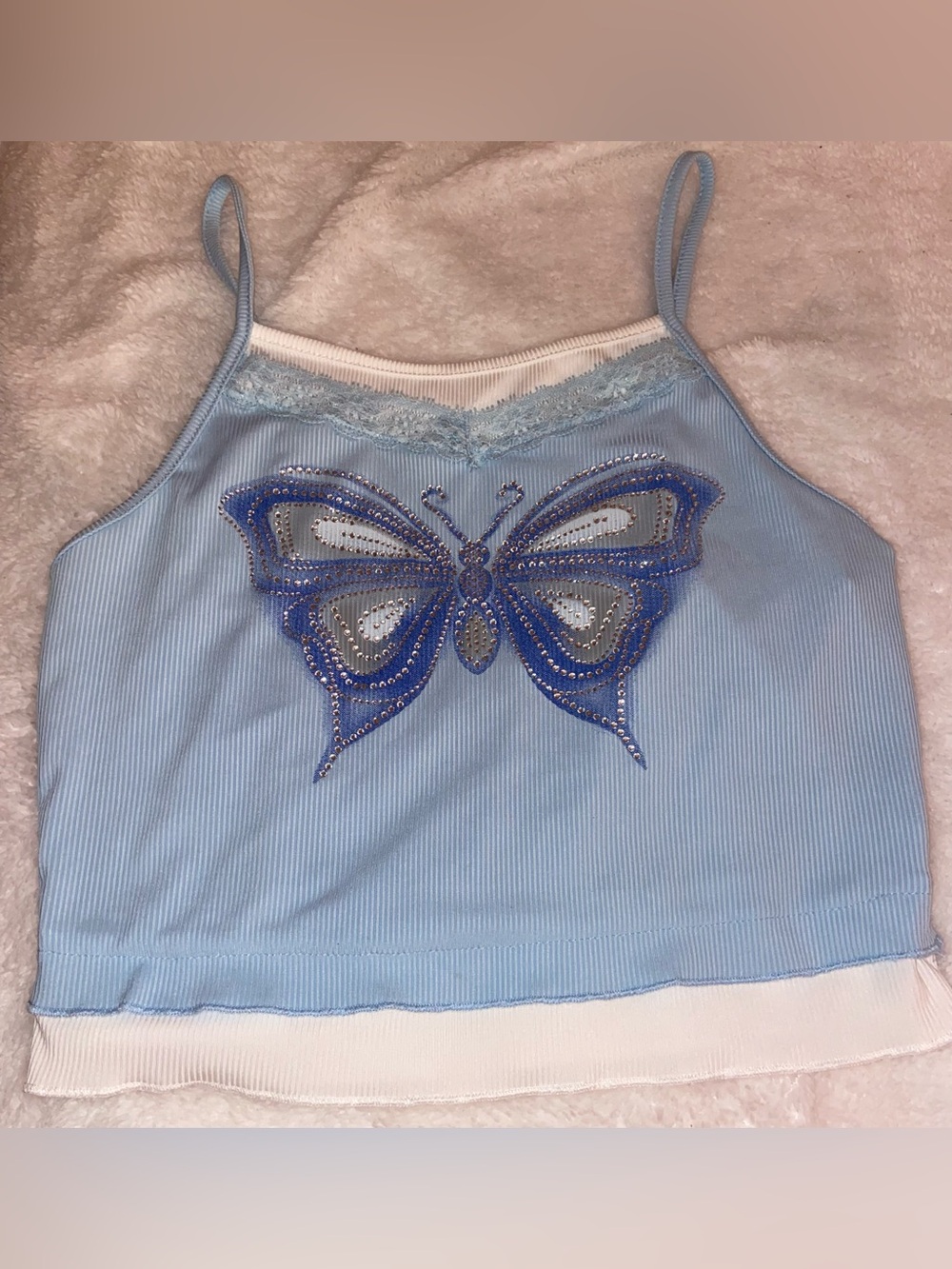 ROMWE Light Blue Butterfly Rhinestone Cami Crop Top
